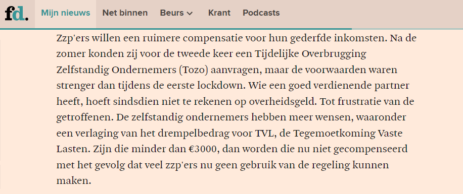 Verruim de hulp aan zelfstandigen. VZN in Financieele Dagblad