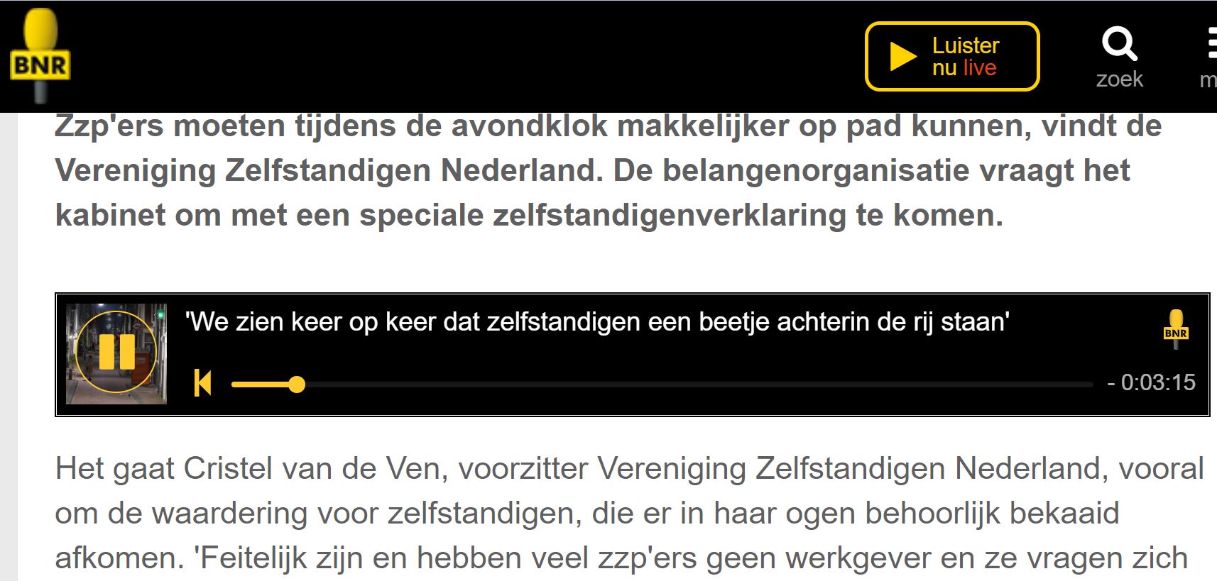 Praat met zelfstandigen, ook over de avondklok. VZN op BNR