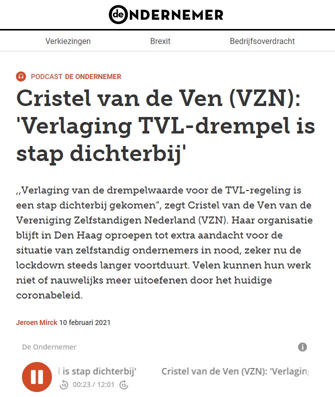 Verlaging drempel TVL dichterbij. VZN op DeOndernemer