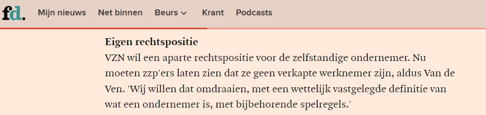 Gesprek over zelfstandigheid is op gang. VZN in FD