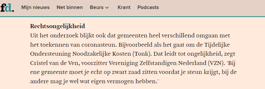 Problemen en ongelijkheid bij coronasteun zelfstandigen. VZN in Financieele Dagblad