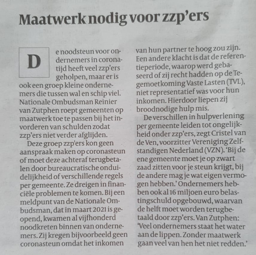 Zelfstandigen liepen steun mis. VZN in De Volkskrant