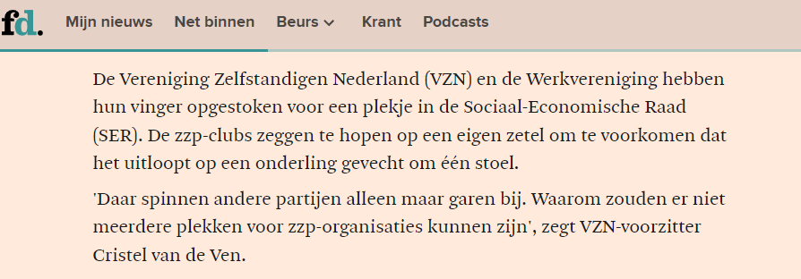 De vierde poot van de SER: zelfstandigen. VZN in FD