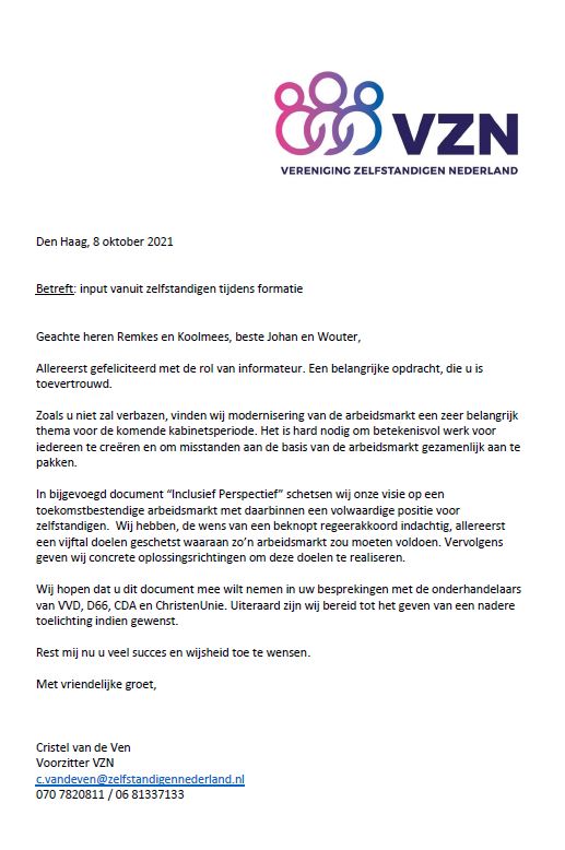 Brief van VZN aan de informateurs