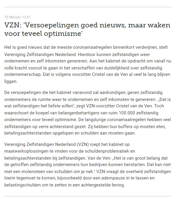 Versoepelingen: waken voor teveel optimisme. VZN op De Ondernemer