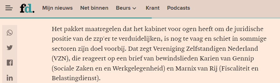 ZZP-plannen kabinet nog steeds te vaag. VZN in FD