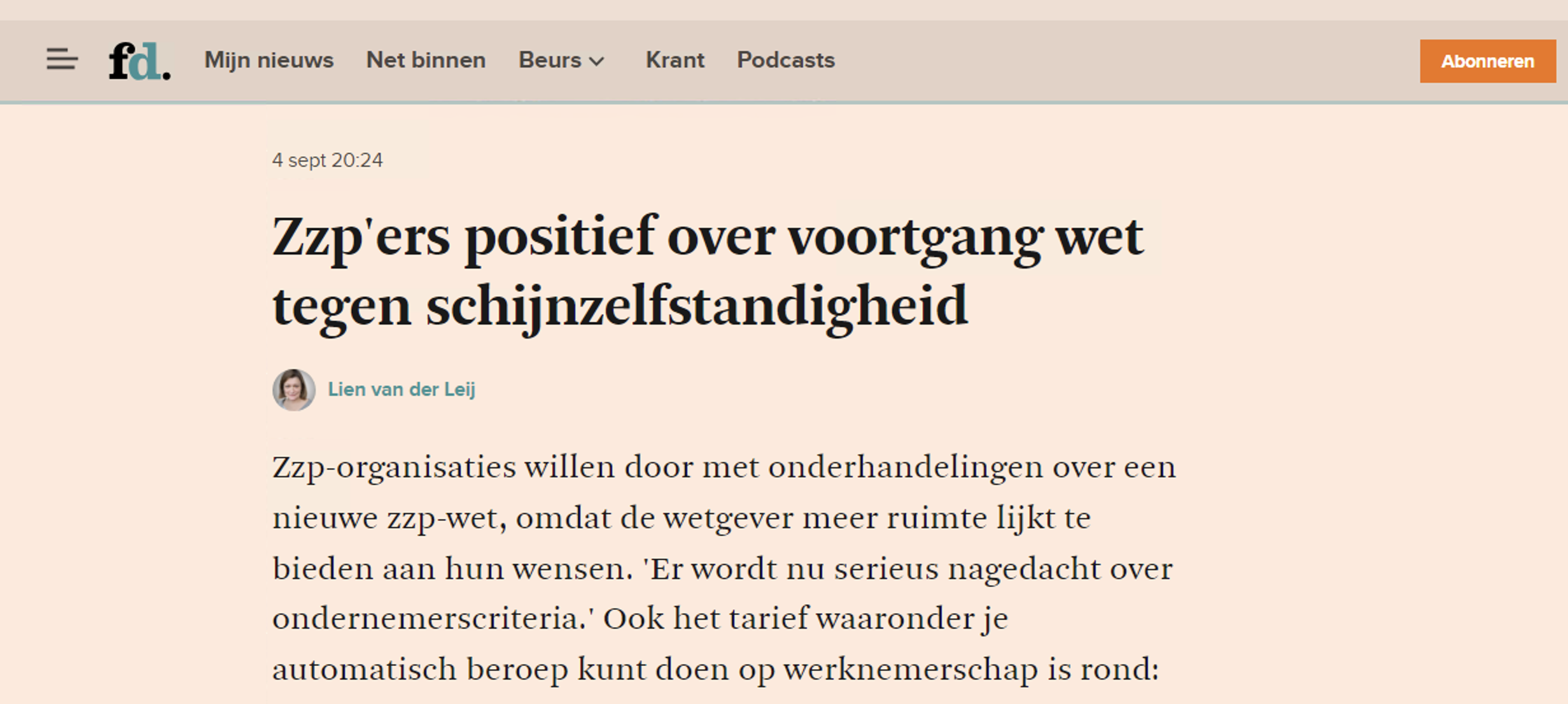 Zzp’ers positief over voortgang wet tegen schijnzelfstandigheid. VZN in FD