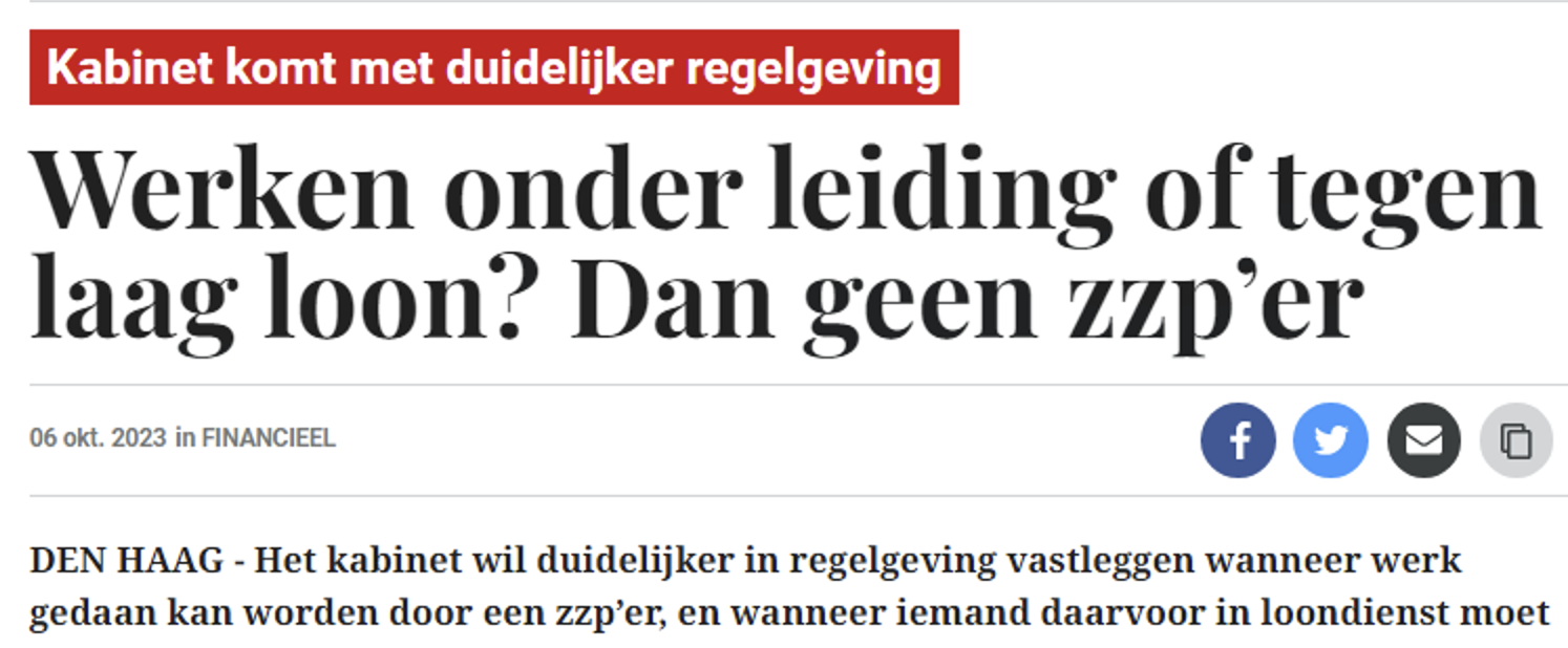 ‘Wet aanpak schijnzelftandigheid stuurt teveel aan op werknemerschap’ – VZN in De Telegraaf